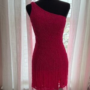 Sherri Hill Hot Pink One Shoulder Fringe Dress Size 2 Homecoming Cocktail